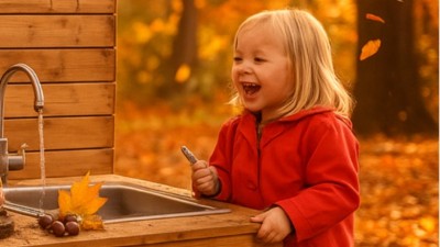 Kinder spielen im Garten an Matschküche aus Holz, bei herbstlichen Wetter 