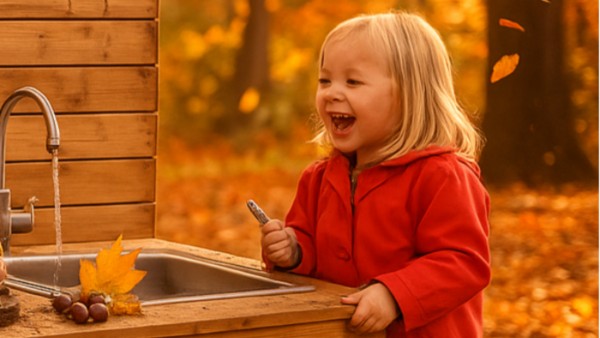 Bunte Herbstlandschaft mit Kindern an der XXL Outdoor Matschküche Maxi