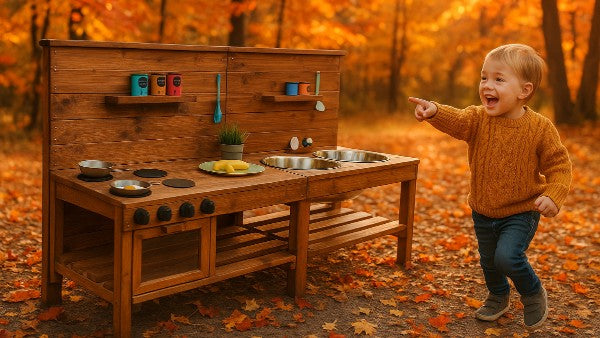 Matschküche Lena aus Holz mit lachendem Kind im Herbst im Kindergarten