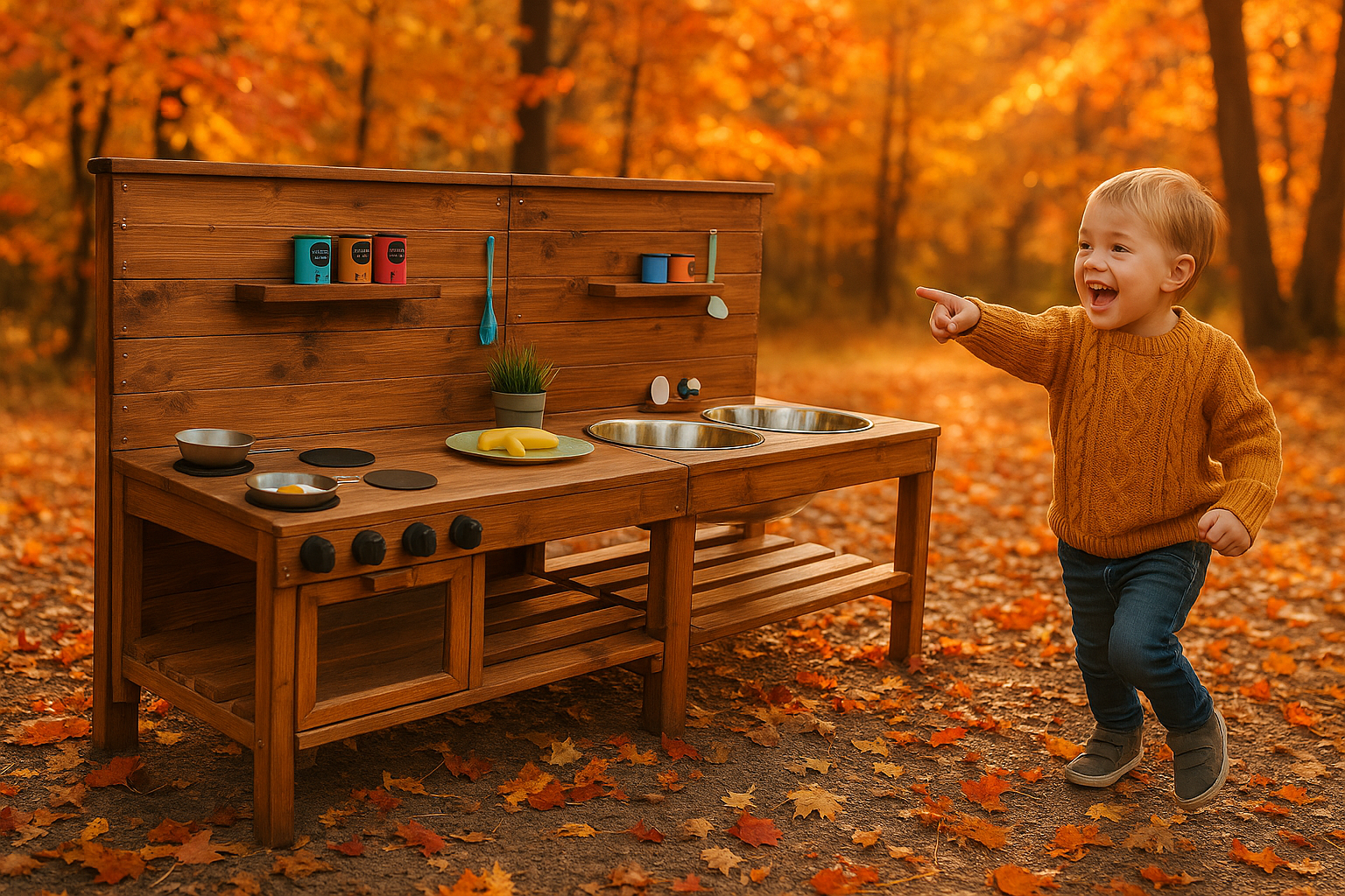 Matschküche Lena mit lachendem Kind im Herbst